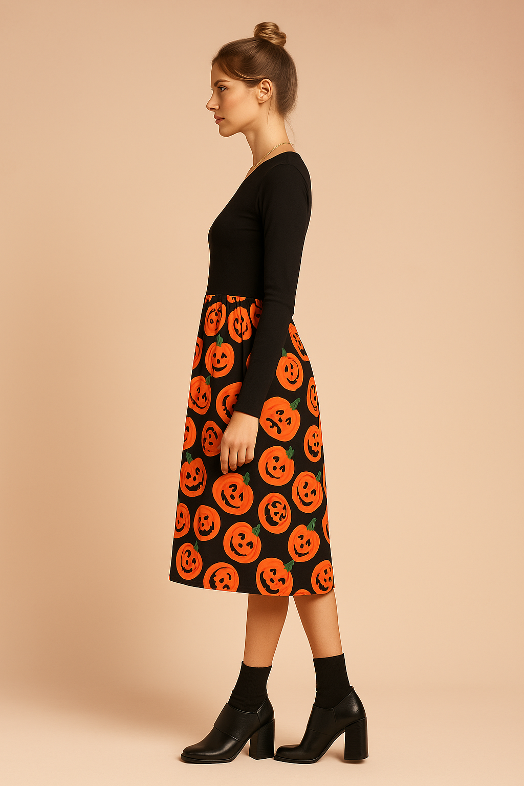 Halloween Pumpkin Print Midi Dress with Long Sleeves 1