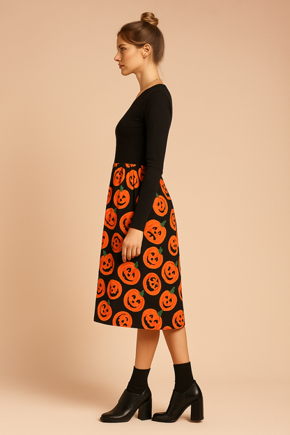 Halloween Pumpkin Print Midi Dress with Long Sleeves 1
