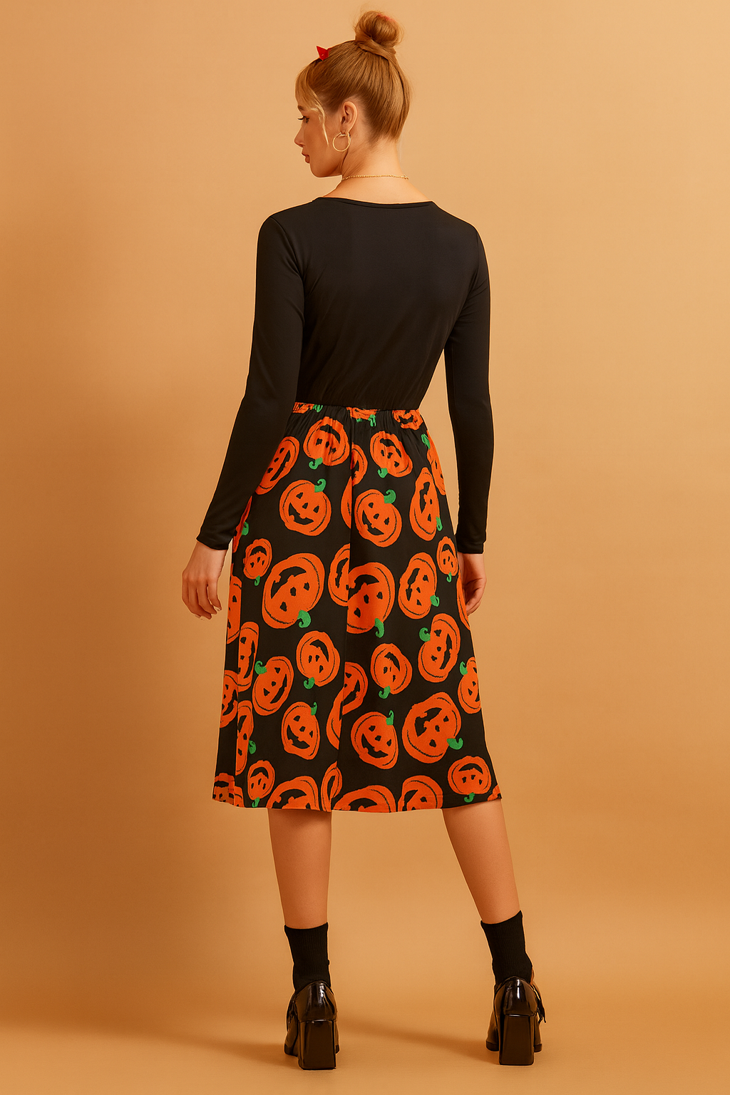 Halloween Pumpkin Print Midi Dress with Long Sleeves 2
