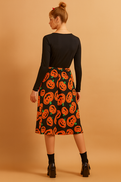 Halloween Pumpkin Print Midi Dress with Long Sleeves 2