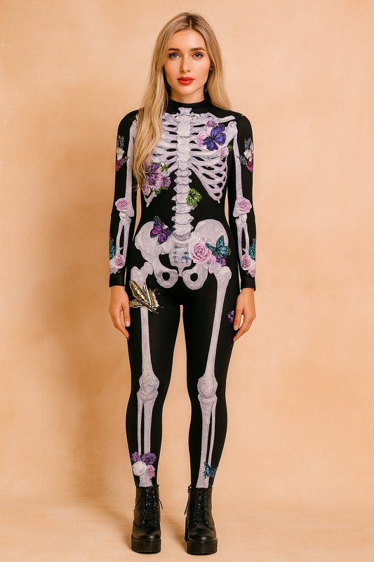 Halloween skeleton jumpsuit with flower and butterfly print 0