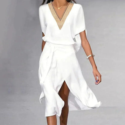  Diana | Modern White Midi Dress with Elegant V-Neck-1