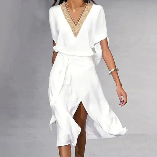  Diana | Modern White Midi Dress with Elegant V-Neck-1