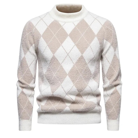 Men’s Argyle Sweater - Crew Neck - Knitted - Long Sleeve - Classic Pattern 0