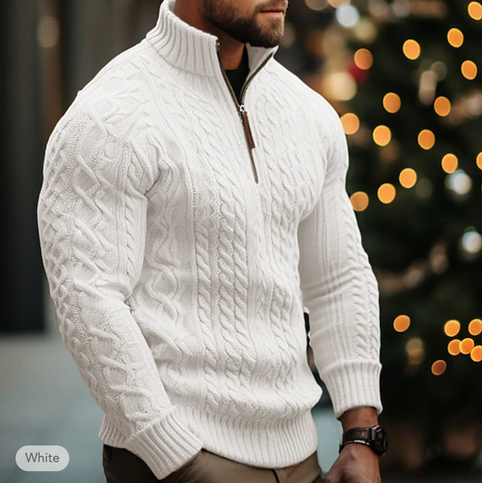 Men's Cable Knit Sweater - Half Zip - High Collar - Warm & Comfortable Fit 0