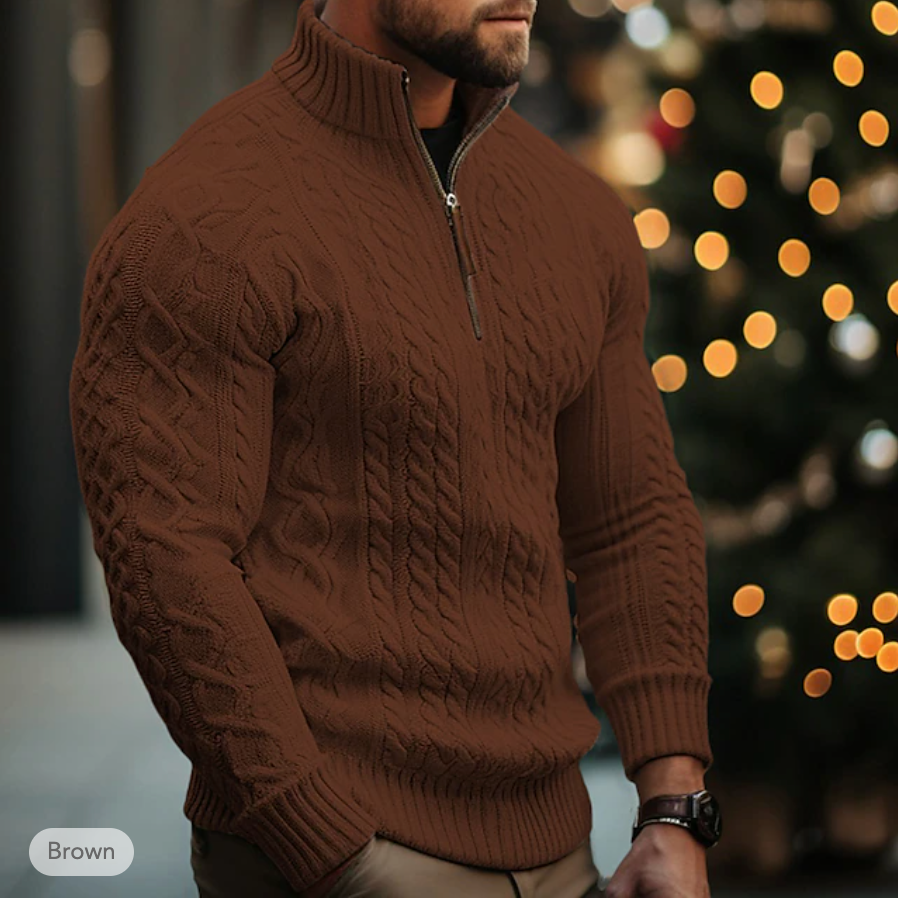 Men's Cable Knit Sweater - Half Zip - High Collar - Warm & Comfortable Fit 3