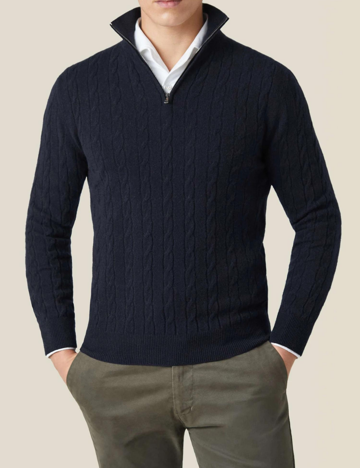 Men’s Cable Knit Sweater – Wool Blend – Half Zip – Stand Collar – Smart Casual Fit 0