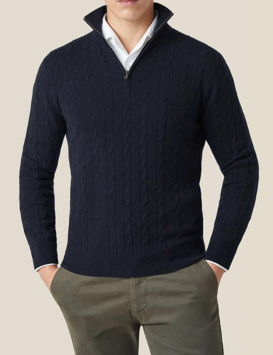 Men’s Cable Knit Sweater – Wool Blend – Half Zip – Stand Collar – Smart Casual Fit 0