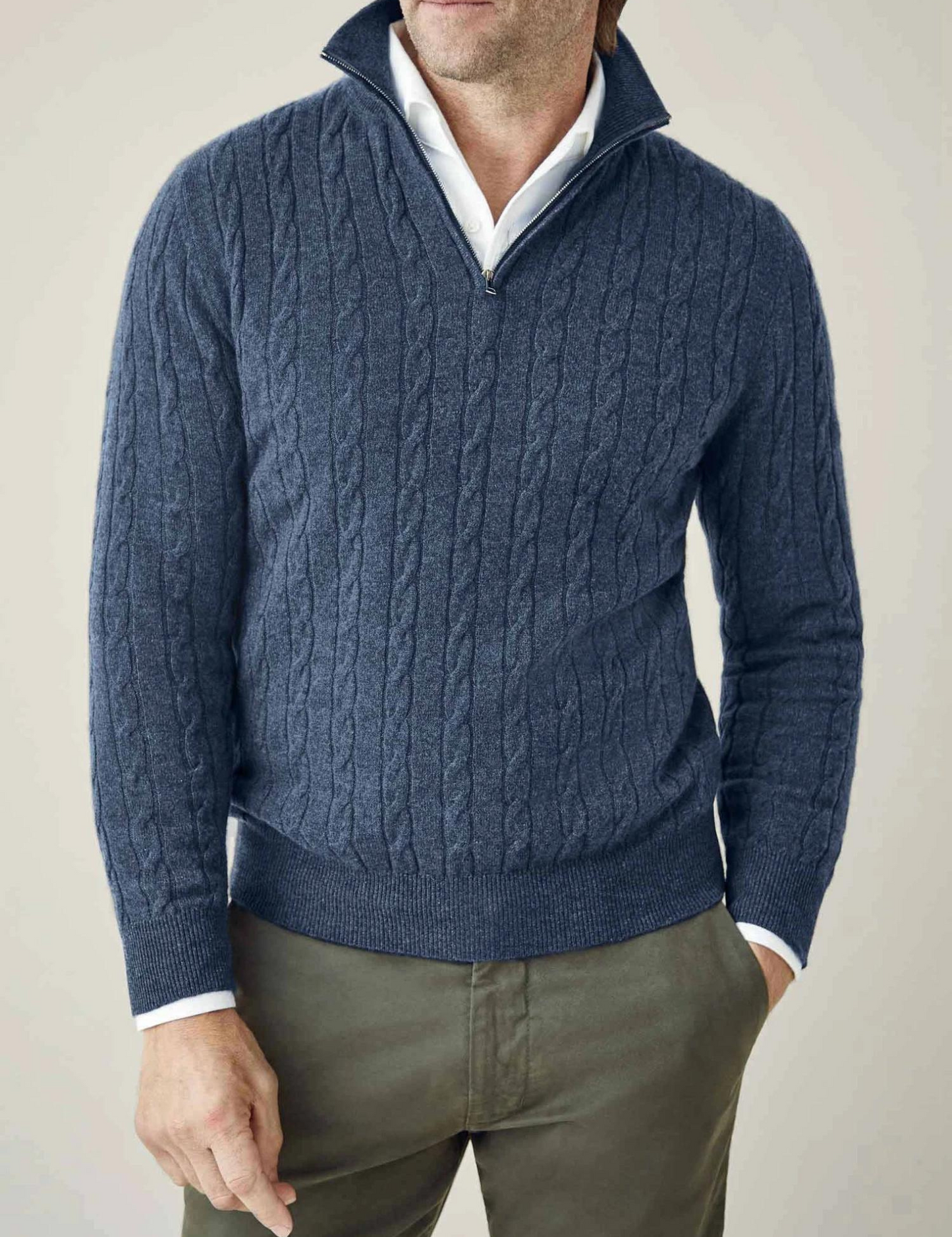 Men’s Cable Knit Sweater – Wool Blend – Half Zip – Stand Collar – Smart Casual Fit 1