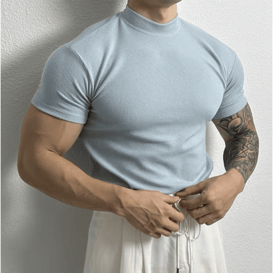 Men’s Fitted Ribbed Knit Top - Short Sleeve - Mock Neck - Breathable Stretch Fabric 0