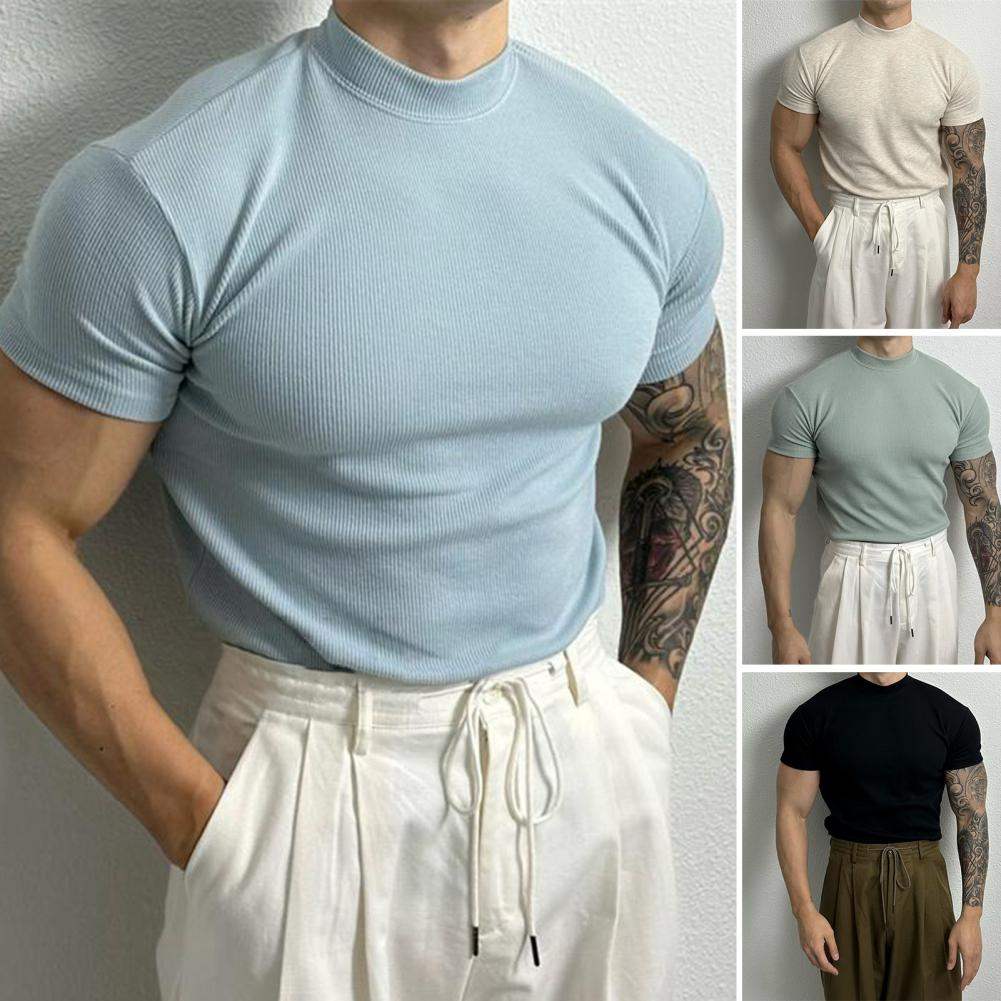 Men’s Fitted Ribbed Knit Top - Short Sleeve - Mock Neck - Breathable Stretch Fabric 1