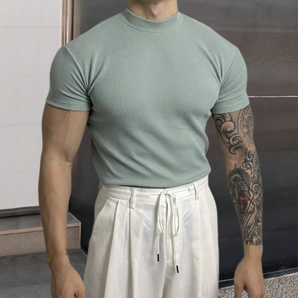 Men’s Fitted Ribbed Knit Top - Short Sleeve - Mock Neck - Breathable Stretch Fabric 3