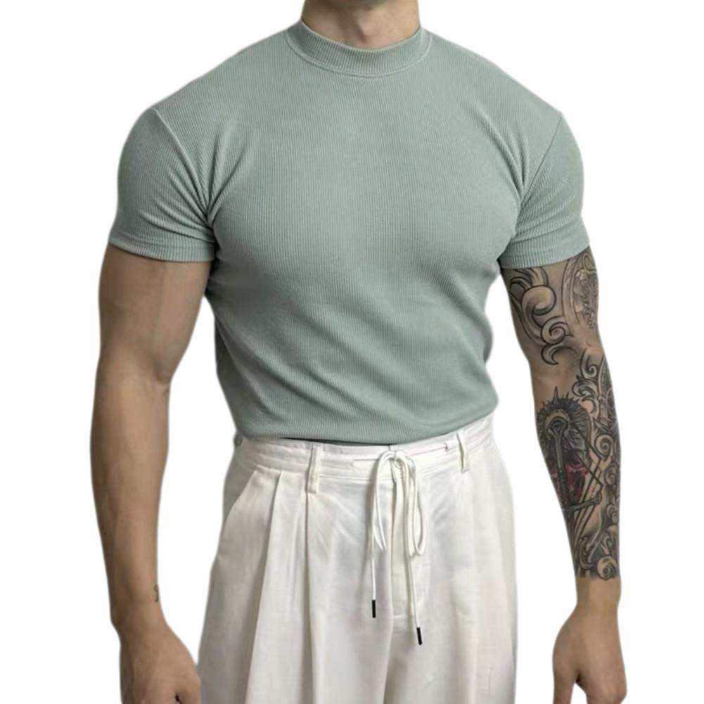 Men’s Fitted Ribbed Knit Top - Short Sleeve - Mock Neck - Breathable Stretch Fabric 5