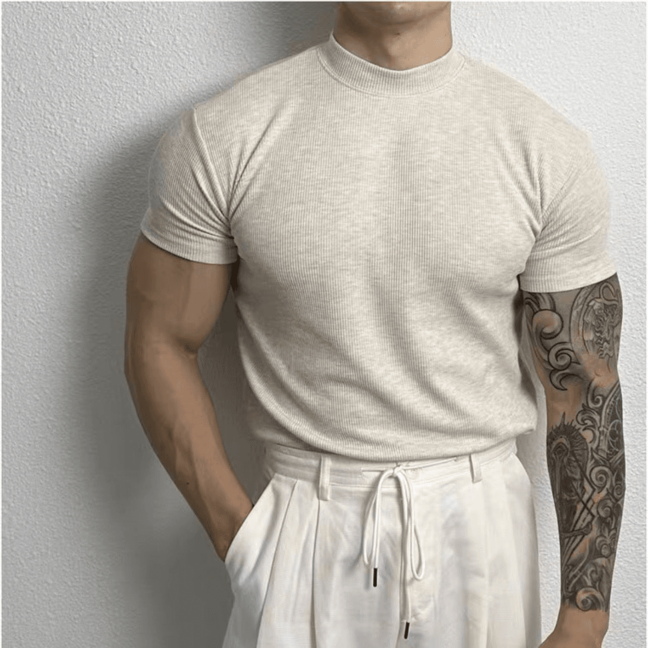 Men’s Fitted Ribbed Knit Top - Short Sleeve - Mock Neck - Breathable Stretch Fabric 6