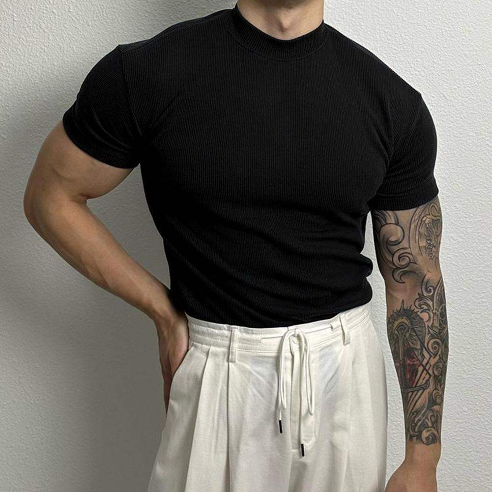 Men’s Fitted Ribbed Knit Top - Short Sleeve - Mock Neck - Breathable Stretch Fabric 7