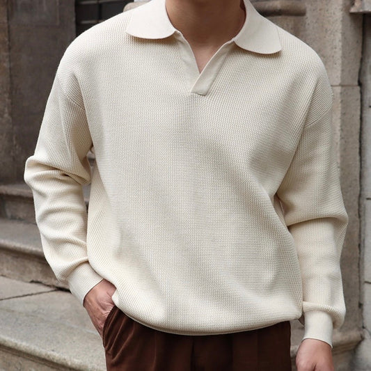 Men’s Knit Pullover Top – Relaxed Fit – Ribbed Cotton Blend – Buttonless Collar – Long Sleeve 0