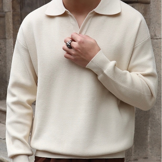 Men’s Knit Pullover Top – Relaxed Fit – Ribbed Cotton Blend – Buttonless Collar – Long Sleeve 1