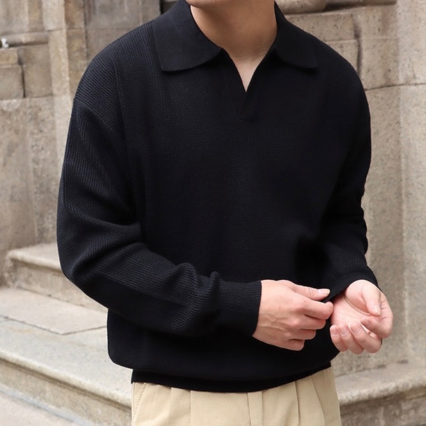 Men’s Knit Pullover Top – Relaxed Fit – Ribbed Cotton Blend – Buttonless Collar – Long Sleeve 4