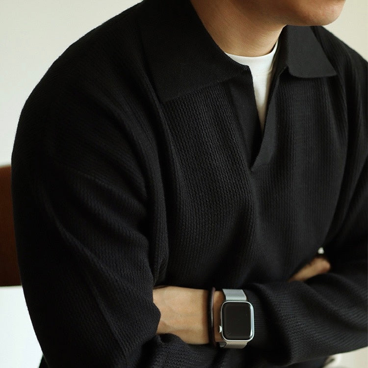 Men’s Knit Pullover Top – Relaxed Fit – Ribbed Cotton Blend – Buttonless Collar – Long Sleeve 5