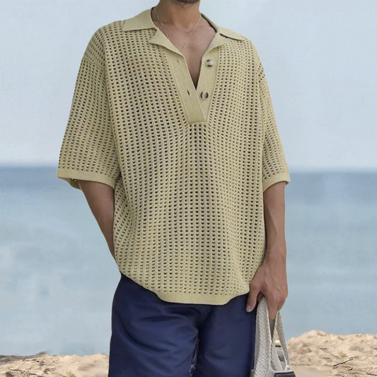 Men’s Knit Sweater – Oversized Fit – Open Knit – Notched Lapel – Short Sleeve Casual 0