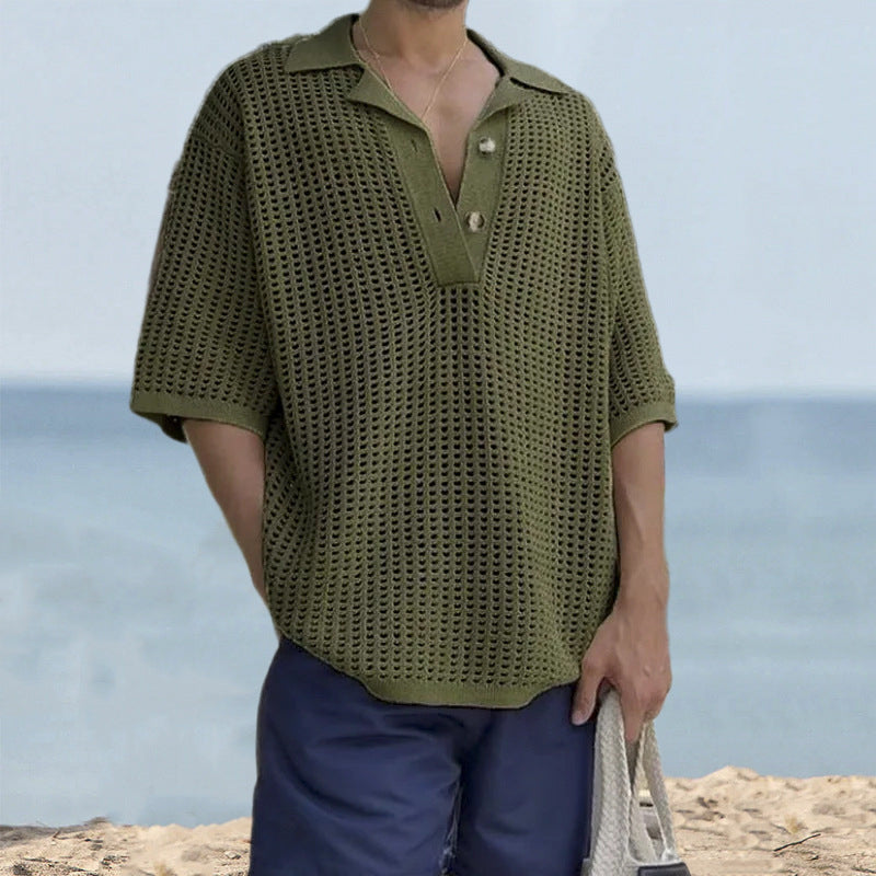 Men’s Knit Sweater – Oversized Fit – Open Knit – Notched Lapel – Short Sleeve Casual 1