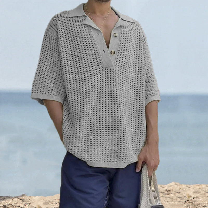 Men’s Knit Sweater – Oversized Fit – Open Knit – Notched Lapel – Short Sleeve Casual 2