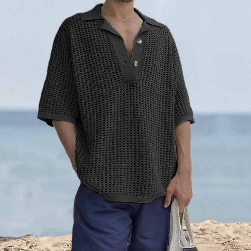 Men’s Knit Sweater – Oversized Fit – Open Knit – Notched Lapel – Short Sleeve Casual 3