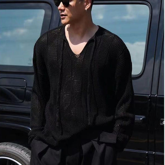Men’s Knit Sweater – Relaxed Fit – V-Neck with Drawstring – Open Weave Breathable Fabric 0