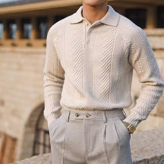 Men’s Knit Sweater – Slim Fit – Polo Collar – Cable Knit – Soft Stretch Fabric 0