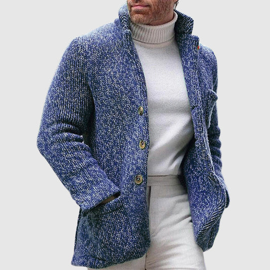 Men’s Knitted Cardigan - Chunky Texture - Stand-Up Collar - Button-Up Front 0
