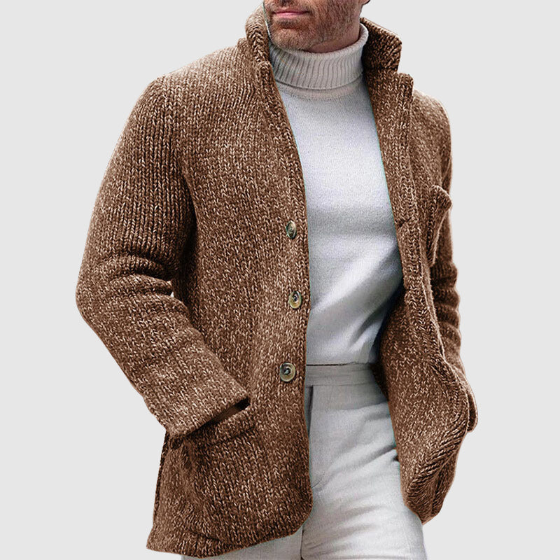 Men’s Knitted Cardigan - Chunky Texture - Stand-Up Collar - Button-Up Front 1