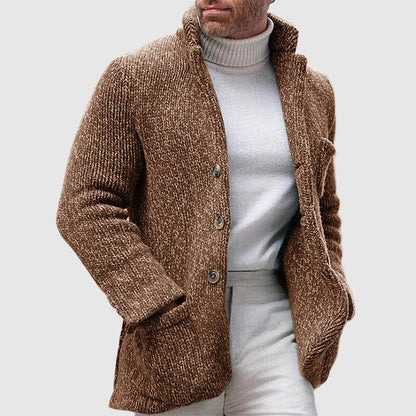 Men’s Knitted Cardigan - Chunky Texture - Stand-Up Collar - Button-Up Front 1