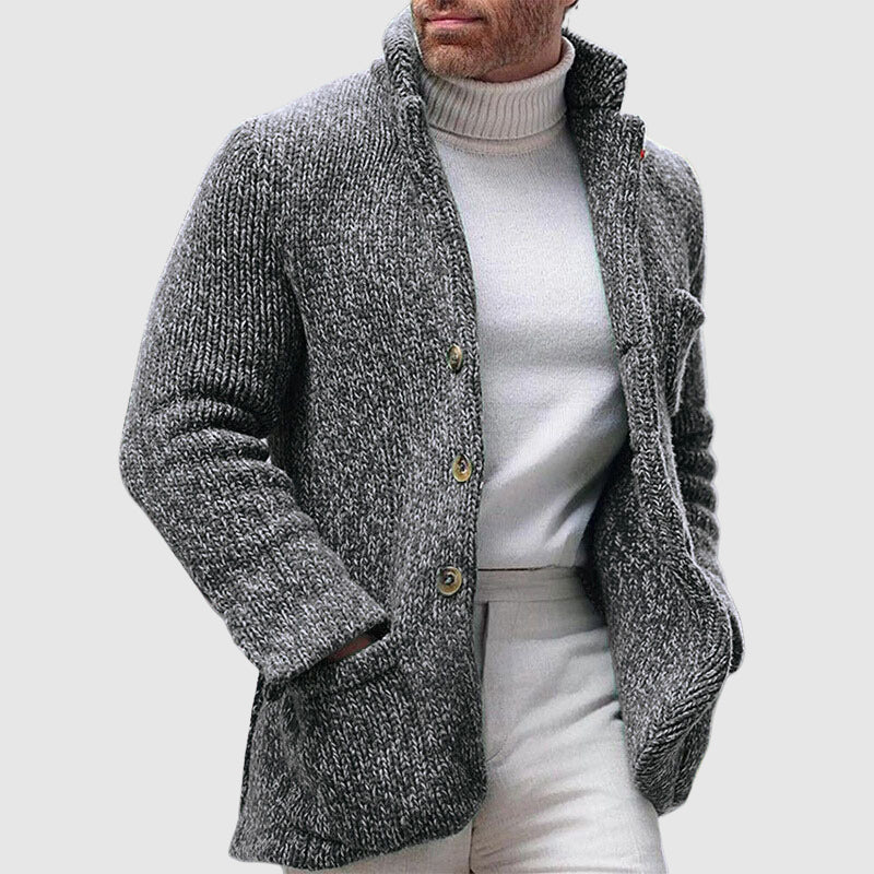 Men’s Knitted Cardigan - Chunky Texture - Stand-Up Collar - Button-Up Front 2