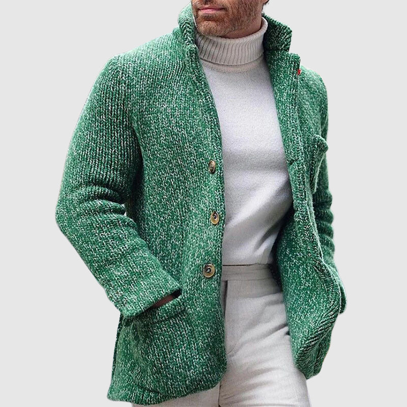 Men’s Knitted Cardigan - Chunky Texture - Stand-Up Collar - Button-Up Front 3