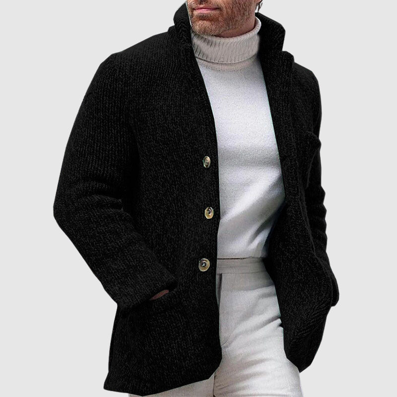 Men’s Knitted Cardigan - Chunky Texture - Stand-Up Collar - Button-Up Front 4