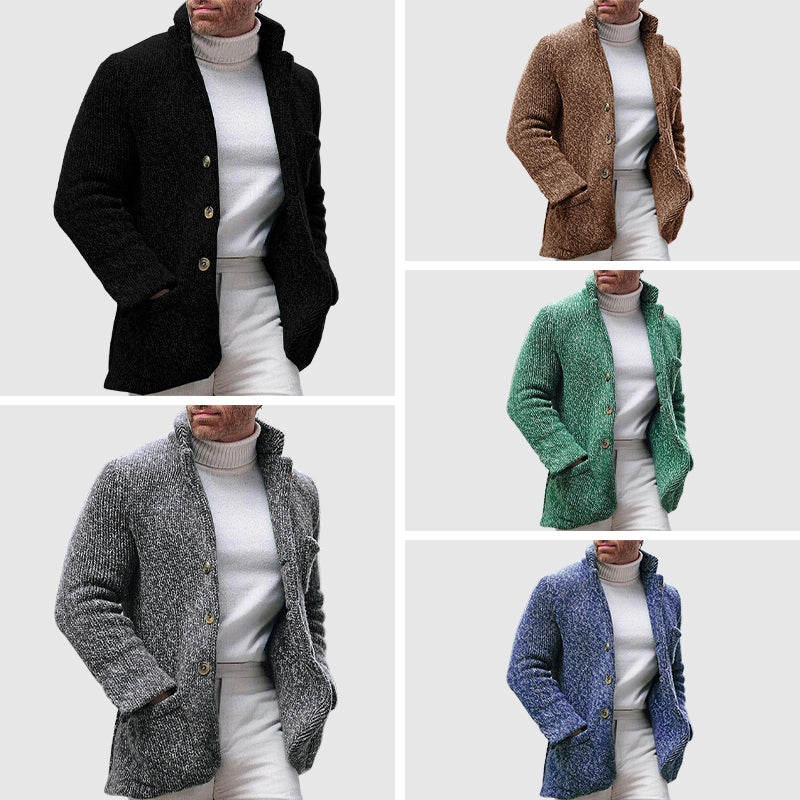 Men’s Knitted Cardigan - Chunky Texture - Stand-Up Collar - Button-Up Front 5