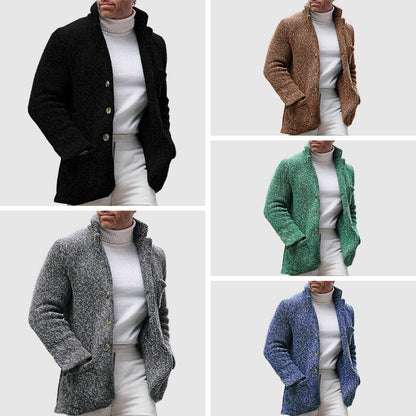 Men’s Knitted Cardigan - Chunky Texture - Stand-Up Collar - Button-Up Front 5