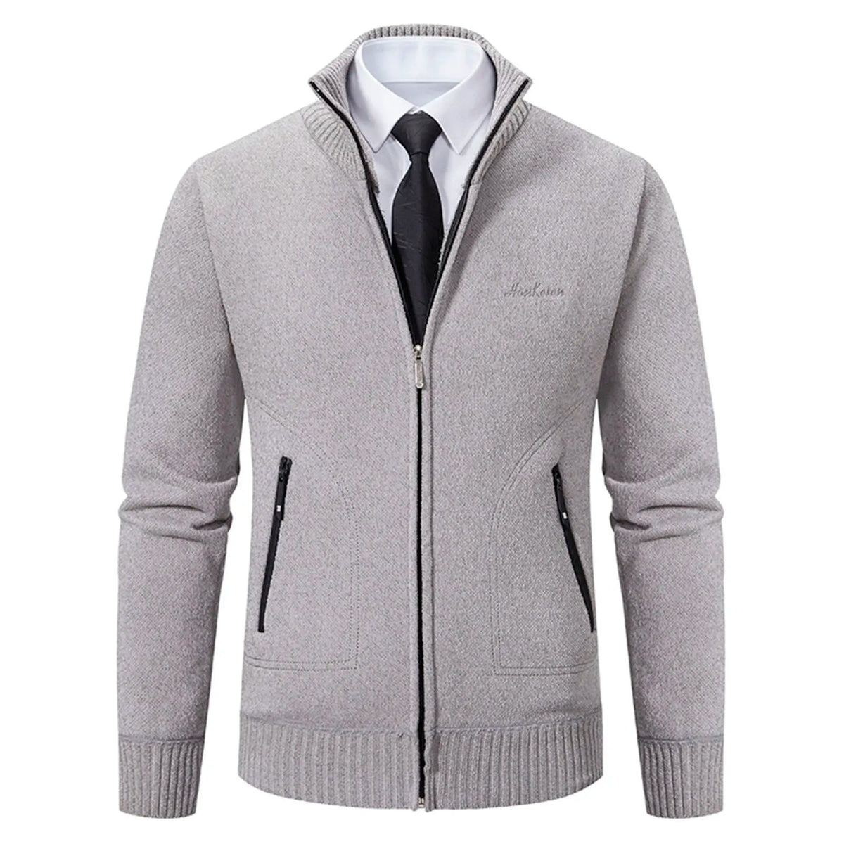 Men’s Knitted Cardigan - Wool Blend - Zip-Up High Neck - Tailored Fit - Ribbed Cuffs 0