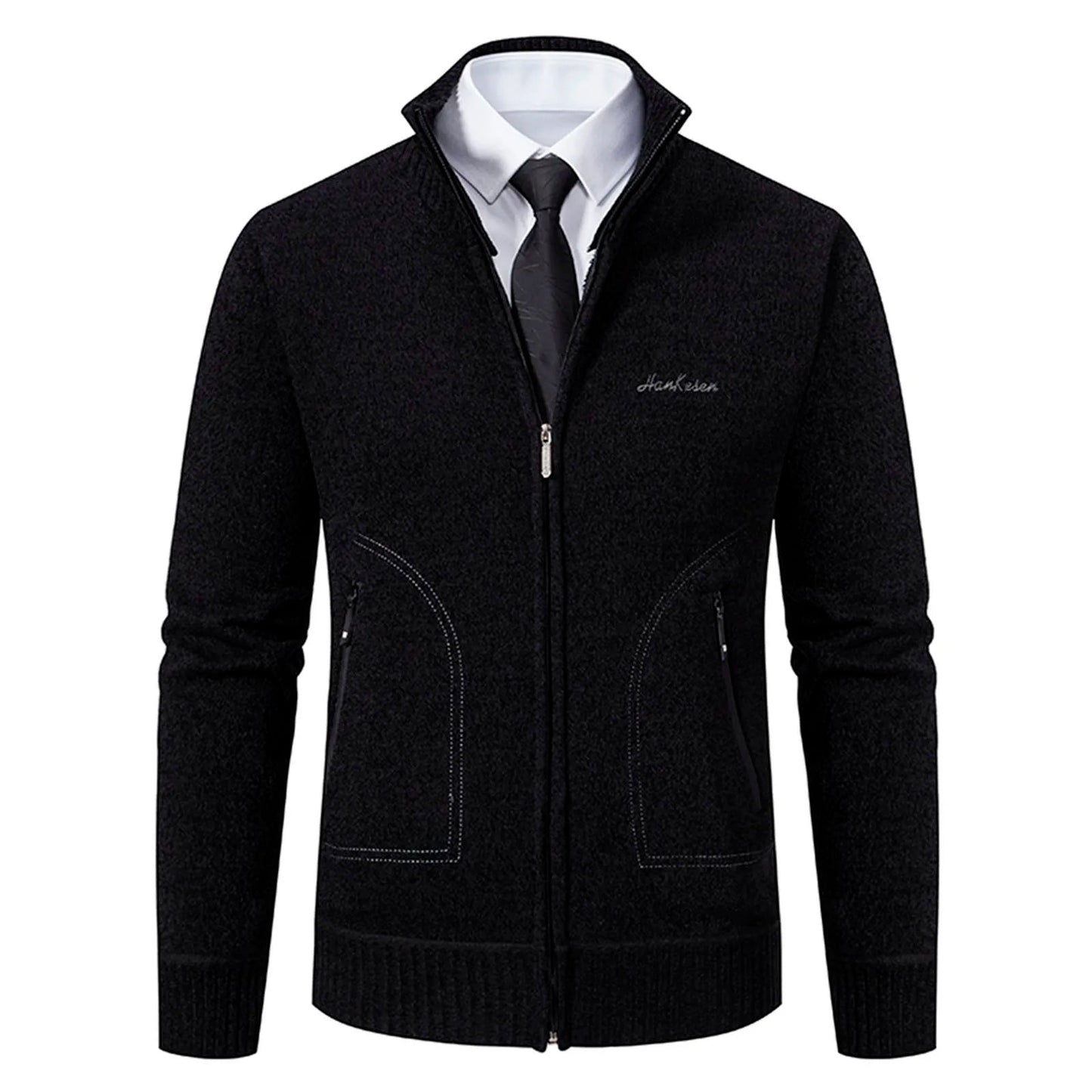 Men’s Knitted Cardigan - Wool Blend - Zip-Up High Neck - Tailored Fit - Ribbed Cuffs 2