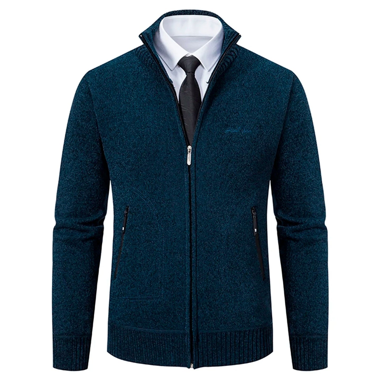 Men’s Knitted Cardigan - Wool Blend - Zip-Up High Neck - Tailored Fit - Ribbed Cuffs 8