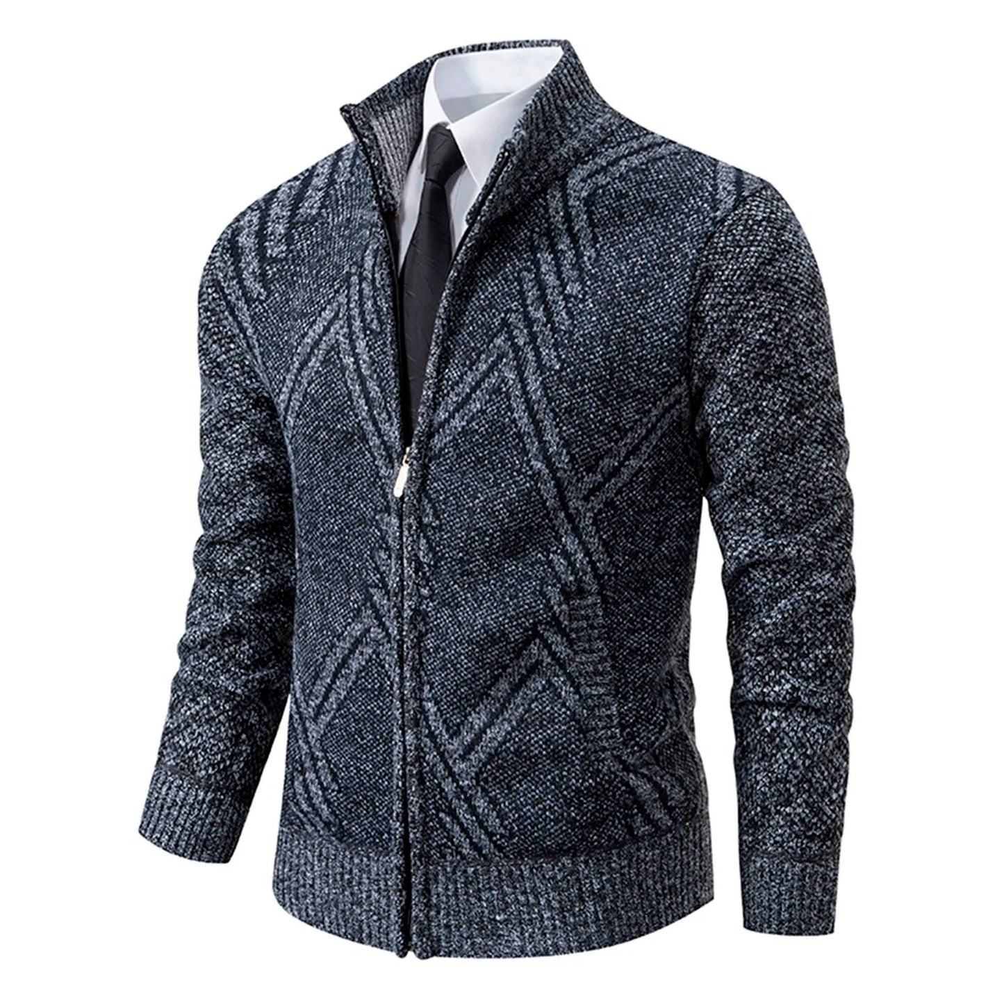 Men’s Knitted Cardigan - Wool Blend - Zip-Up High Neck - Tailored Fit - Ribbed Cuffs 9