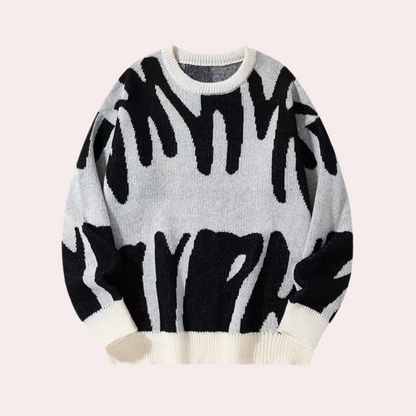 Men’s Knitted Sweater - Abstract Design - Crew Neck - Long Sleeve - Ribbed Cuffs 0