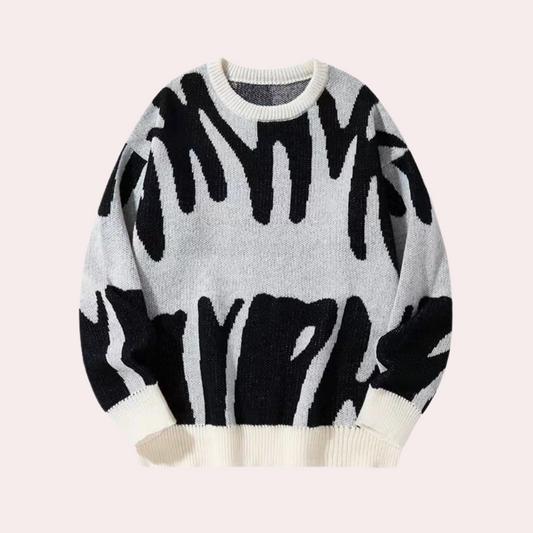 Men’s Knitted Sweater - Abstract Design - Crew Neck - Long Sleeve - Ribbed Cuffs 0
