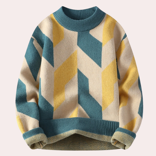 Men’s Knitted Sweater - Geometric Pattern - Crew Neck - Relaxed Fit - Long Sleeve 0