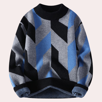 Men’s Knitted Sweater - Geometric Pattern - Crew Neck - Relaxed Fit - Long Sleeve 1