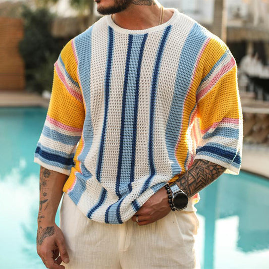 Men’s Knitted Sweater - Short Sleeve - Striped Pattern - Casual Comfortable Fit 0