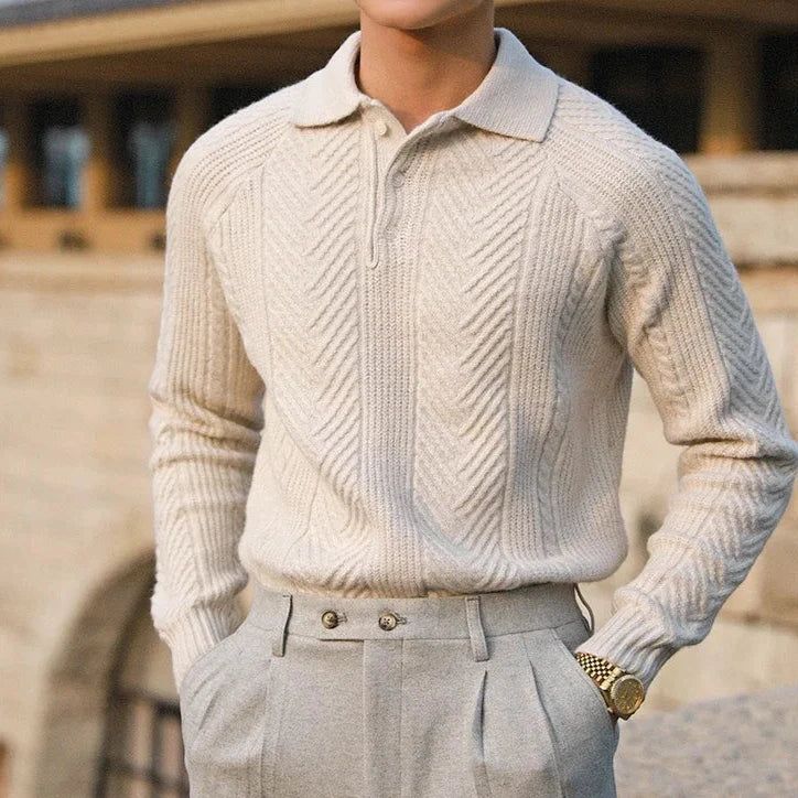 Men’s Knitted Sweater – Slim Fit – Cable Knit – Polo Collar – Long Sleeve Smart Wear 1