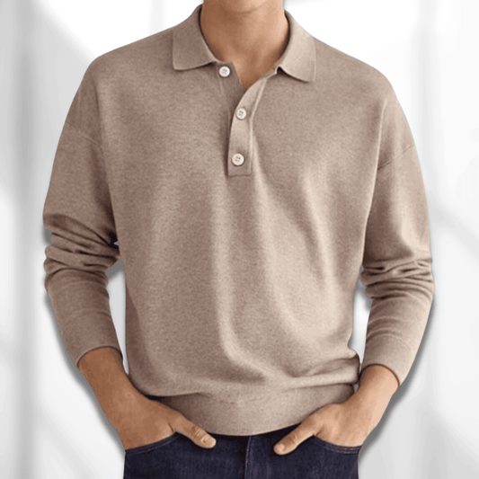 Men’s Polo Sweater - Knitted Texture - Long Sleeve - Classic 3-Button Collar 0