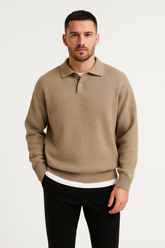 Men’s Polo Sweater – Wool – Relaxed Fit – Buttoned Collar – Ribbed Hem and Cuffs 0