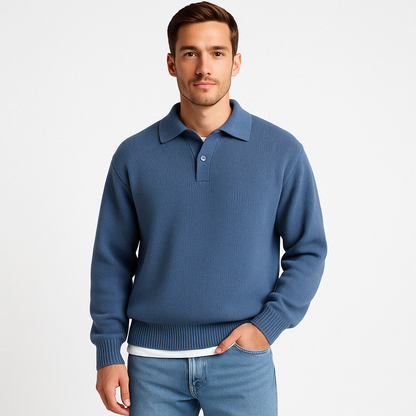 Men’s Polo Sweater – Wool – Relaxed Fit – Buttoned Collar – Ribbed Hem and Cuffs 1